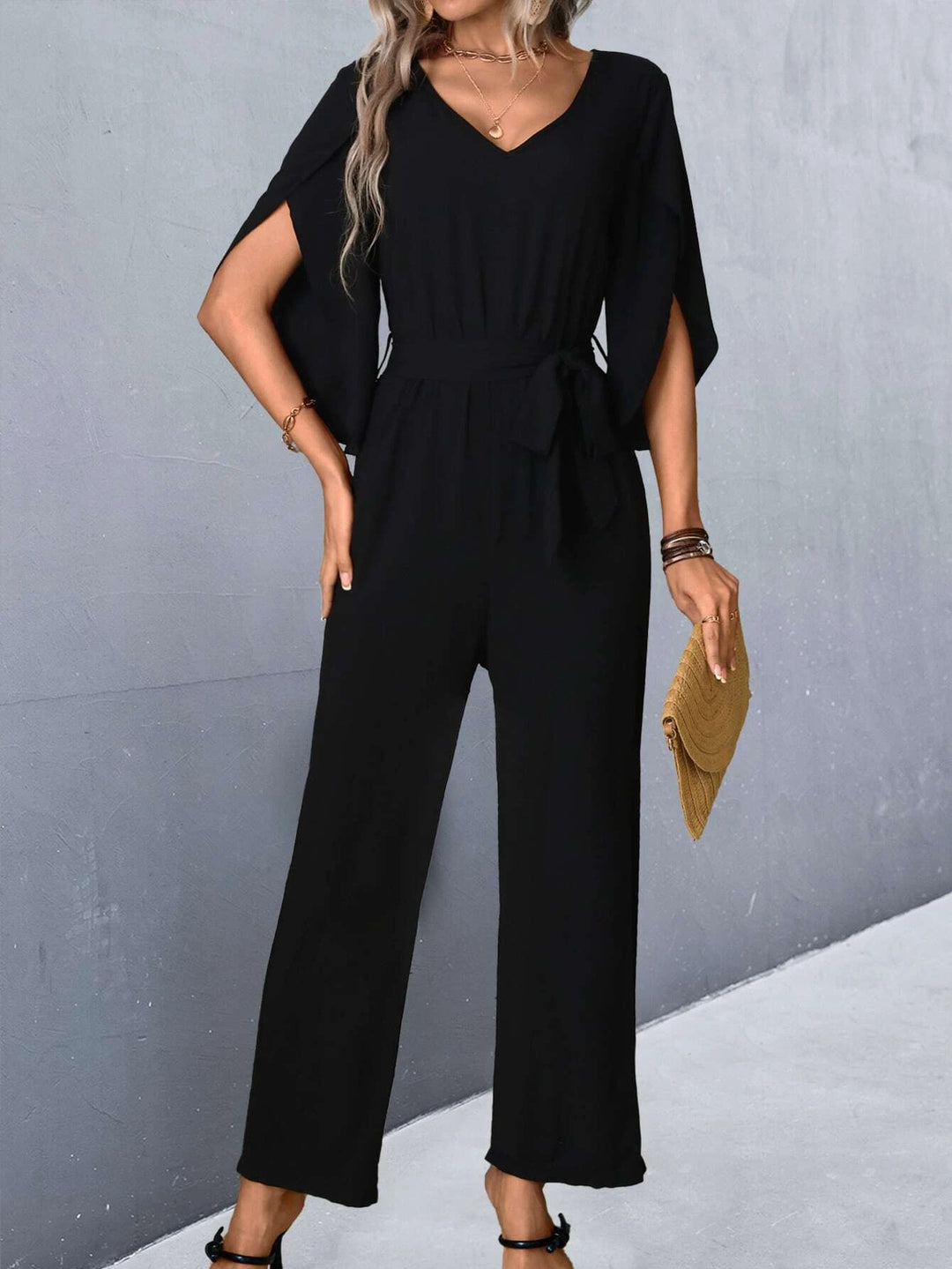 Split Sleeve Belted Jumpsuit