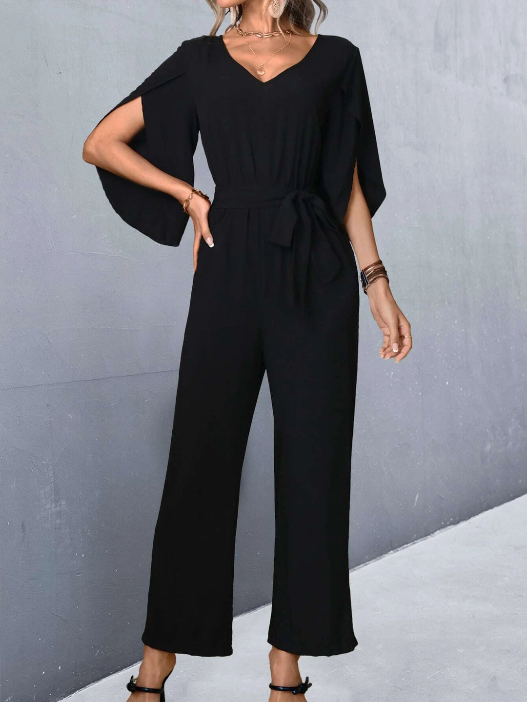 Split Sleeve Belted Jumpsuit