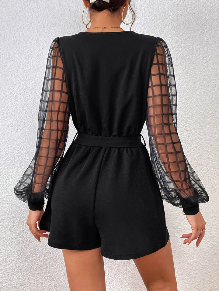 Plaid Mesh Lantern Sleeve Overlap Collar Belted Romper