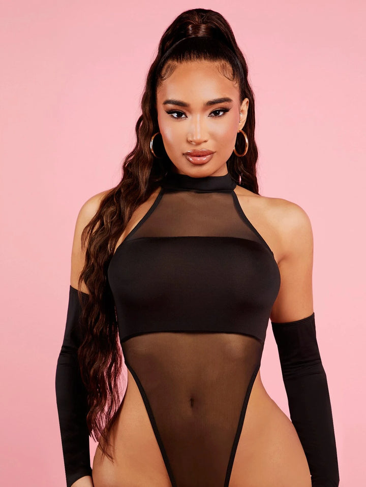 Mesh Insert Mock Neck Bodysuit With Sleeves