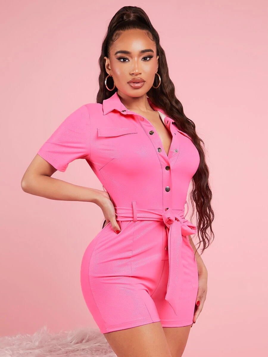 Casual Button Front Belted Romper