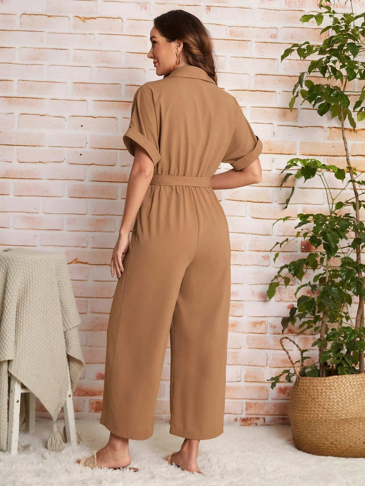 Short Sleeve Belted Shirt Jumpsuit