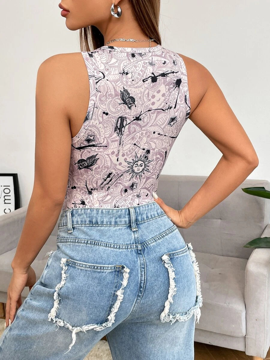 Butterfly & Floral Print Tank Bodysuit