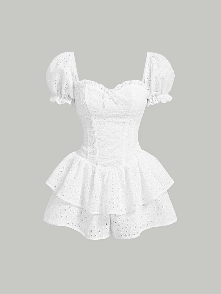 Eyelet Embroidery Neck Puff Sleeve Romper