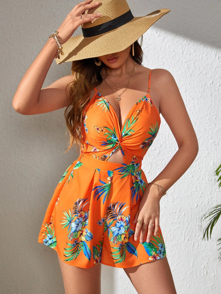 Tropical Print Twist Front Tie Backless Cami Romper