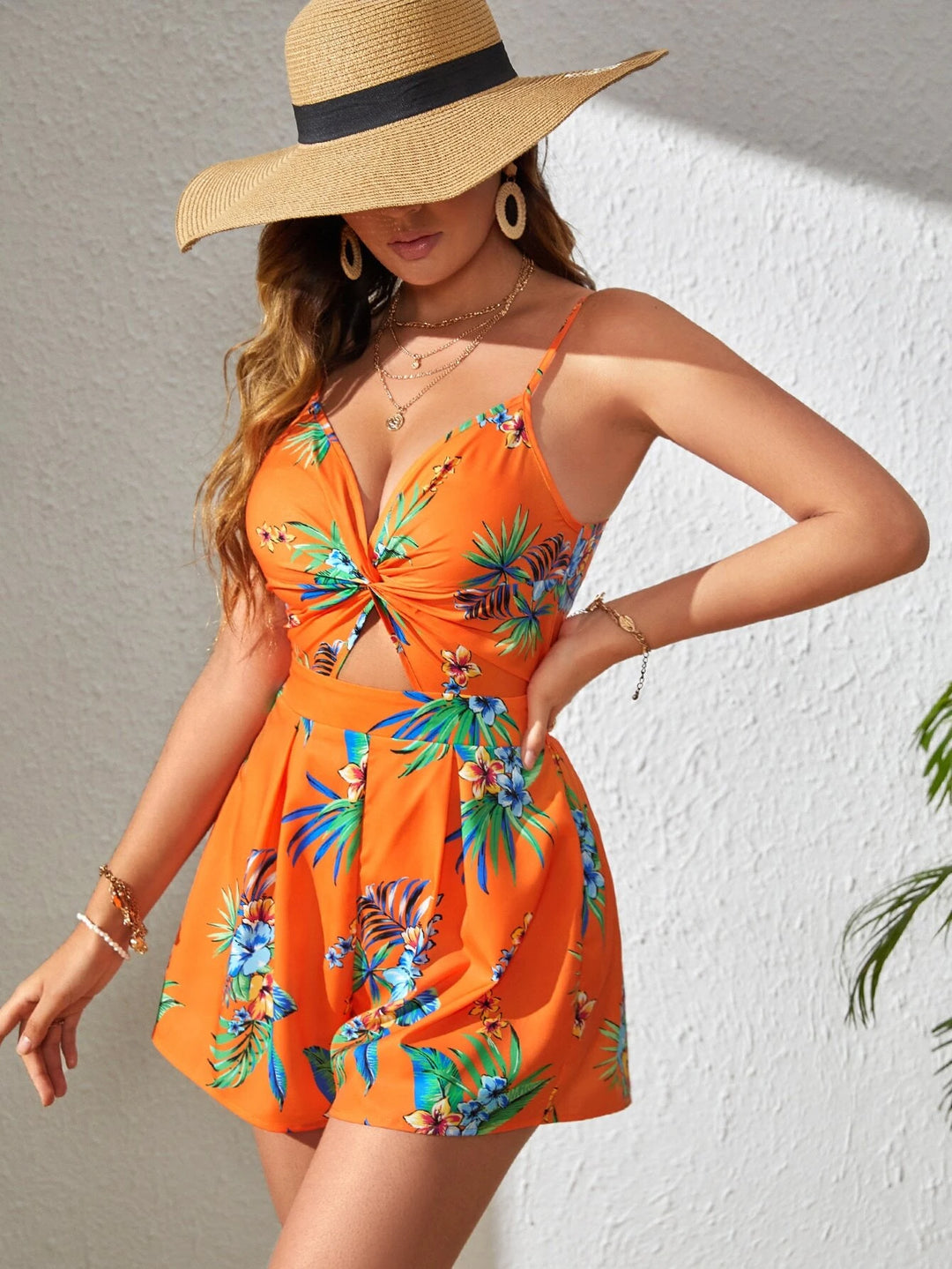 Tropical Print Twist Front Tie Backless Cami Romper