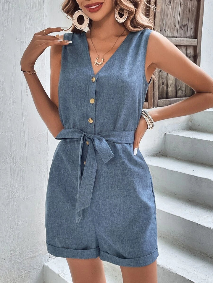 Button Front Belted Romper