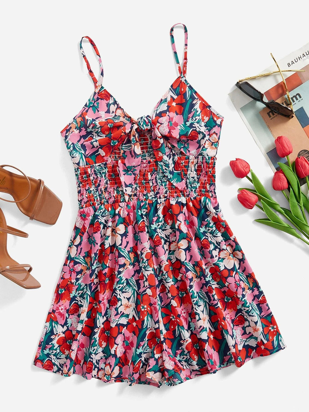 Cut Out Knot Front Shirred Waist Floral Print Cami Romper