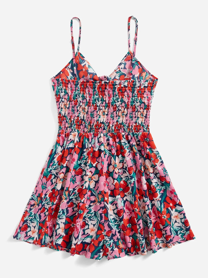 Cut Out Knot Front Shirred Waist Floral Print Cami Romper