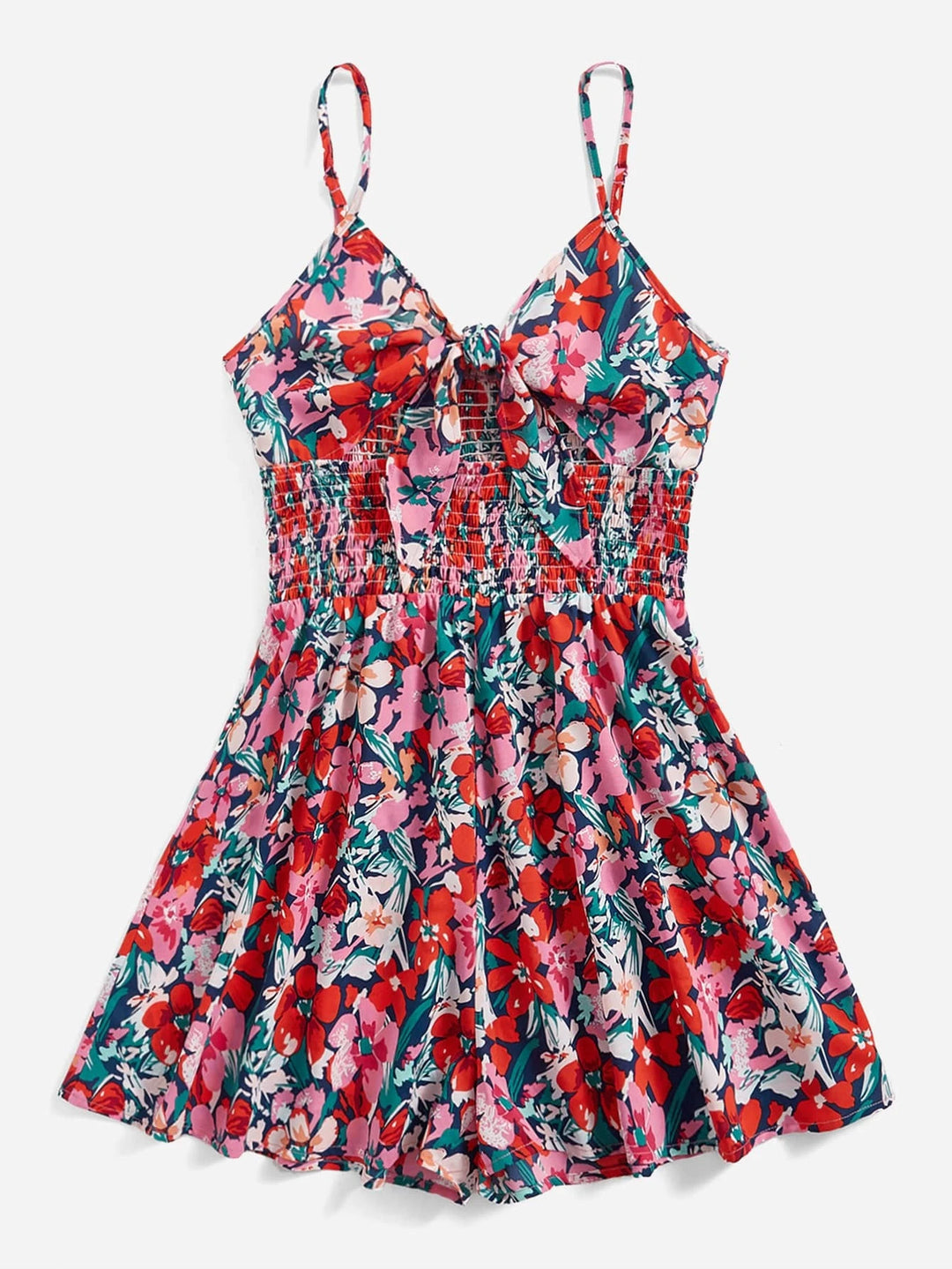 Barboteuse camisole à imprimé floral et taille froncée avec nœud sur le devant