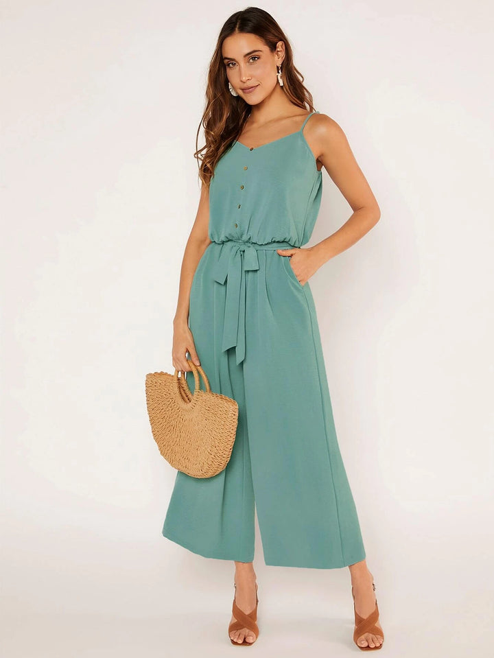 Button Front Belted Cami Jumpsuit