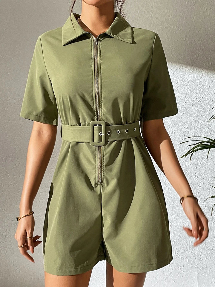 High Waist Zip Up Belted Romper