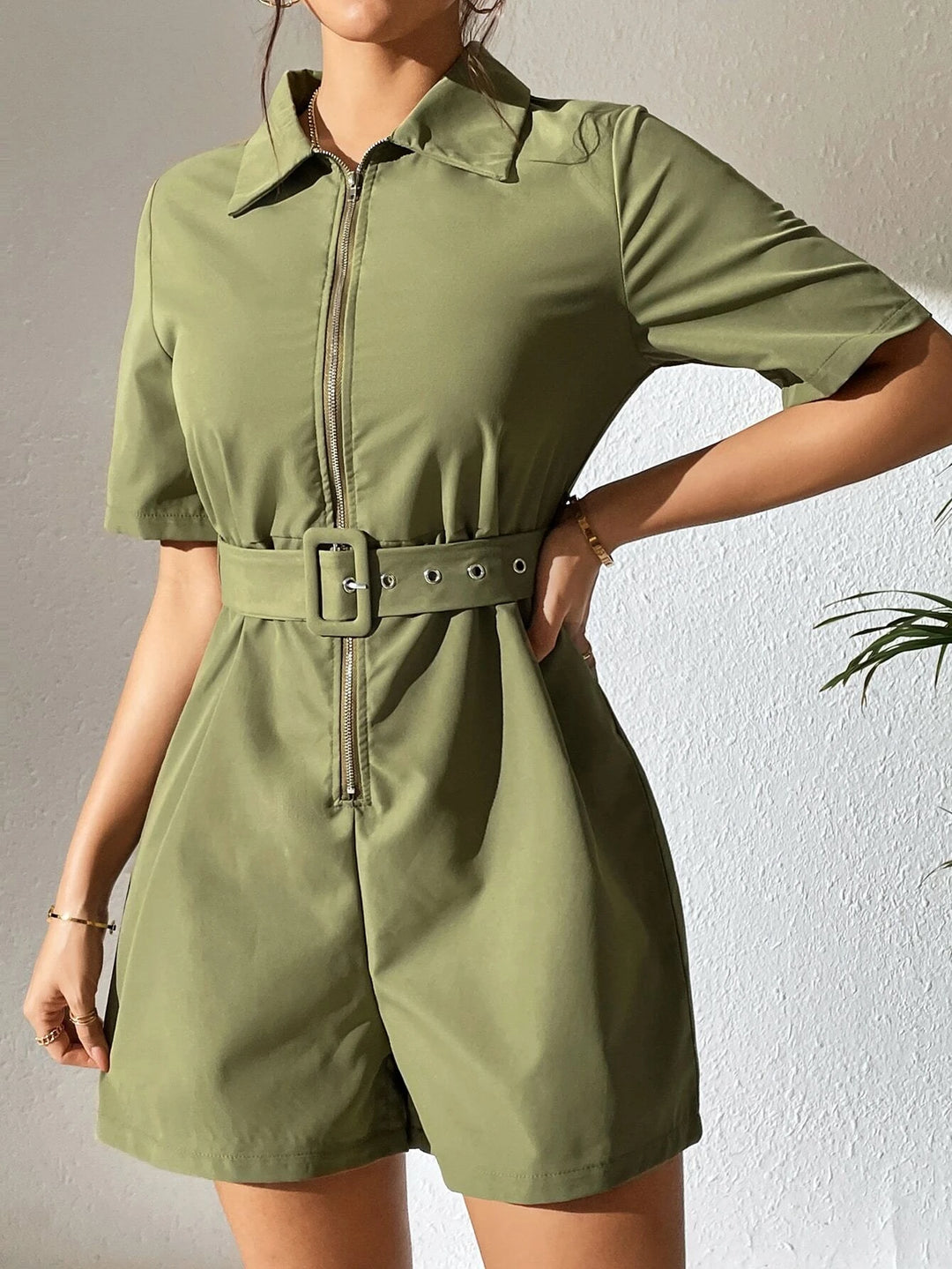 High Waist Zip Up Belted Romper