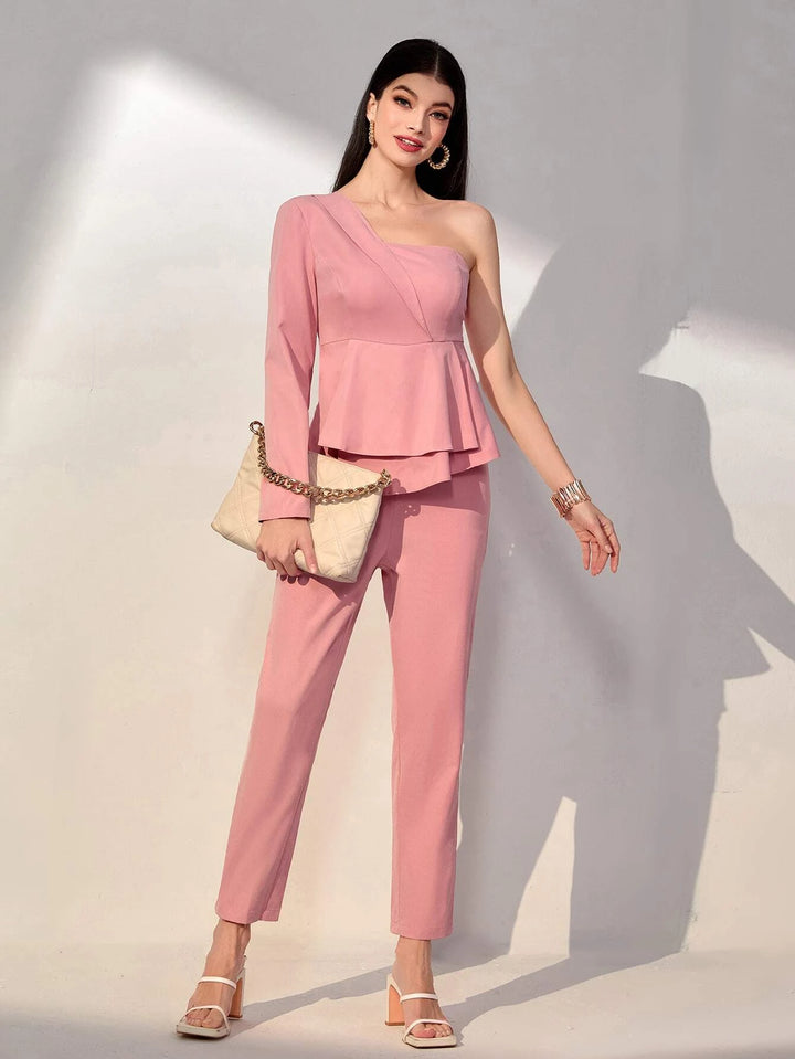 One Shoulder Ruffle Trim Jumpsuit