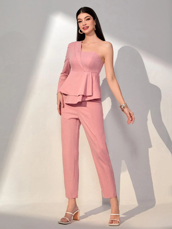 One Shoulder Ruffle Trim Jumpsuit