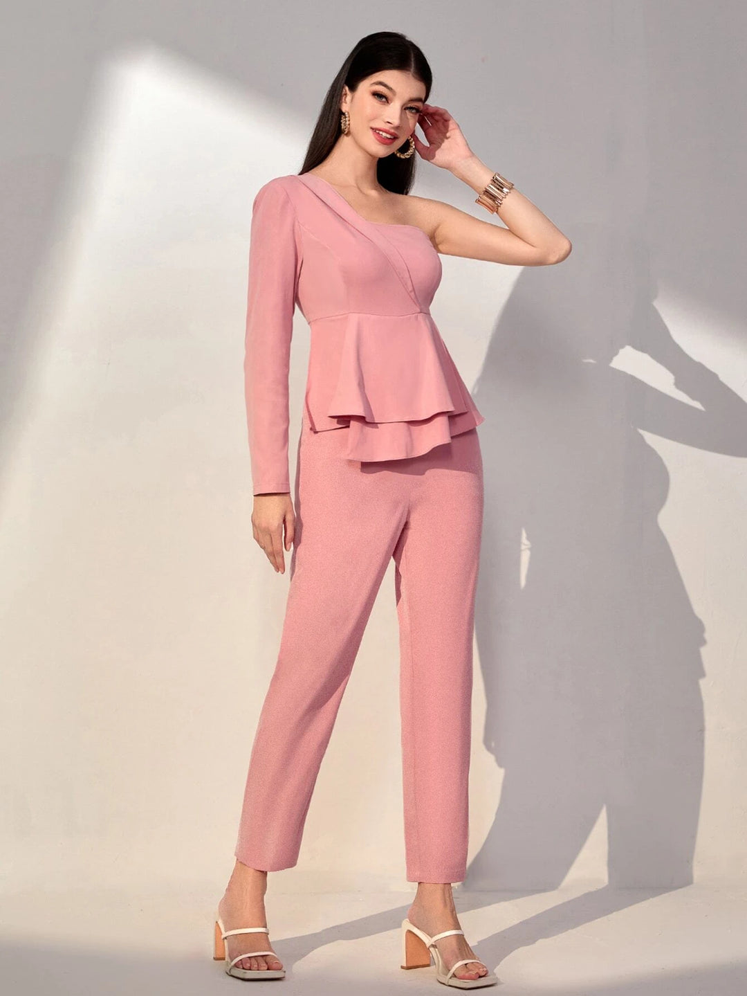 One Shoulder Ruffle Trim Jumpsuit