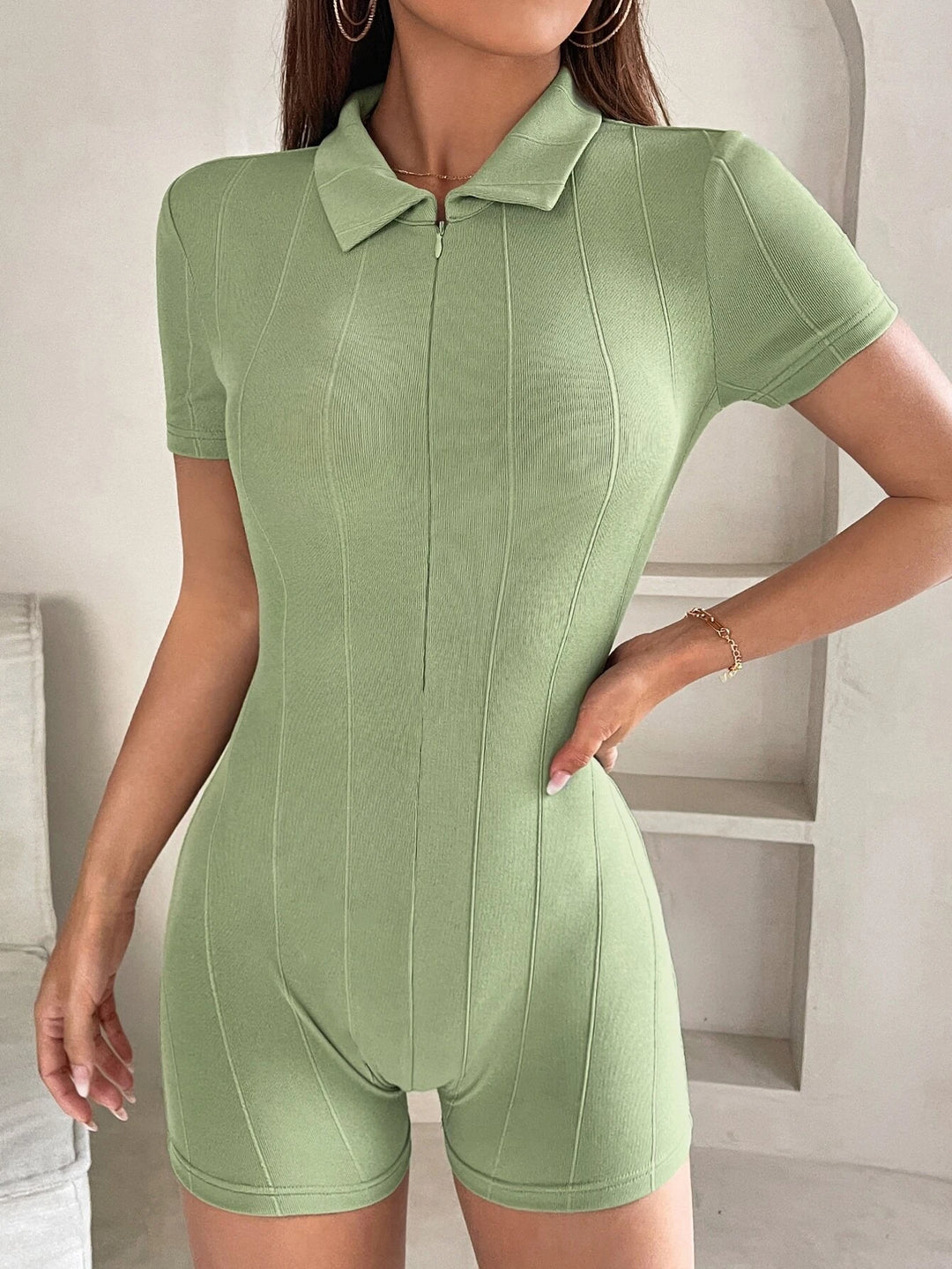 Solid Colored Half Zipper Romper