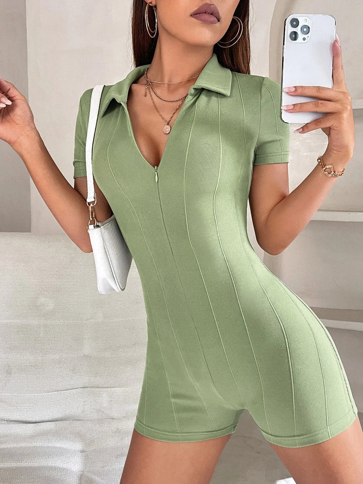 Solid Colored Half Zipper Romper