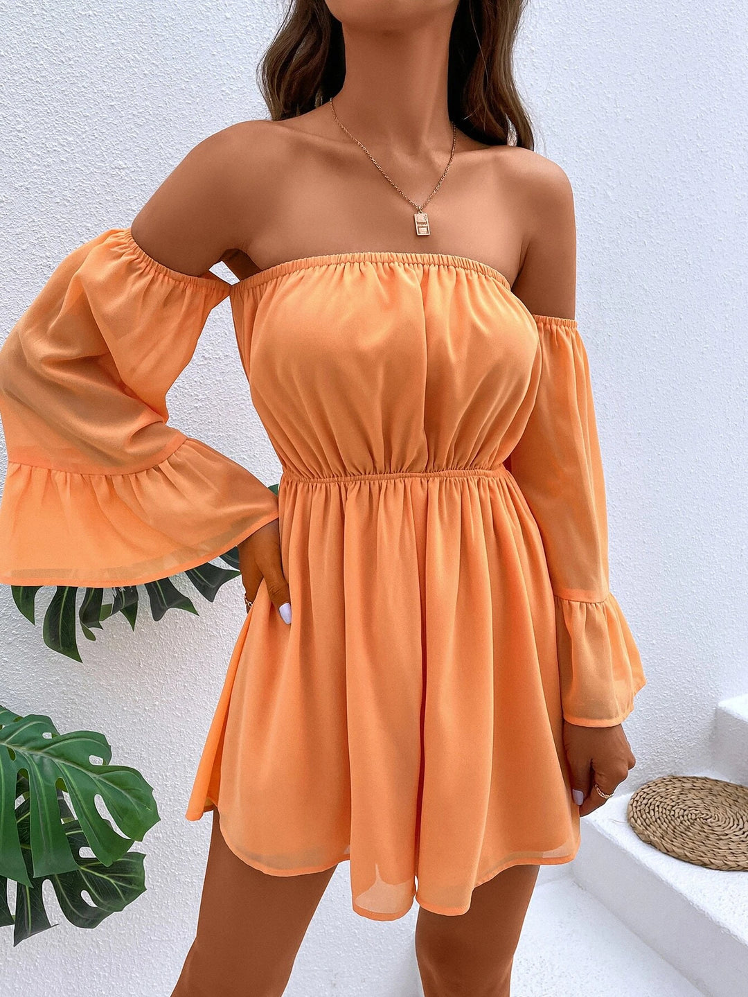 Off Shoulder Flounce Sleeve Romper Without Belt