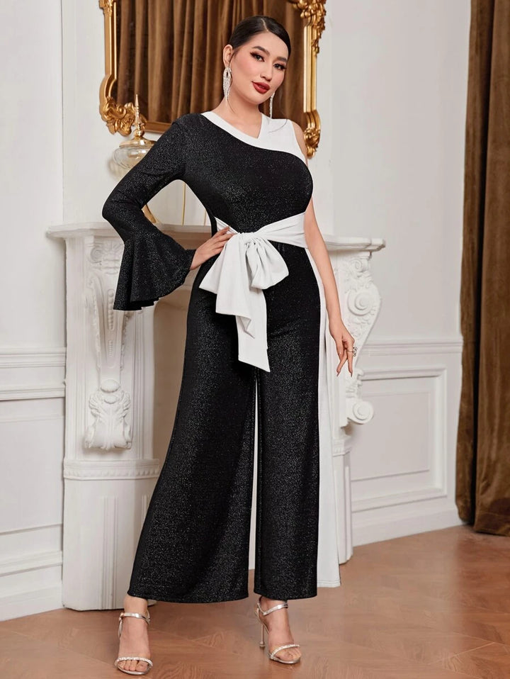 Double Tone Asymmetrical Neck Flounce Sleeve Jumpsuit