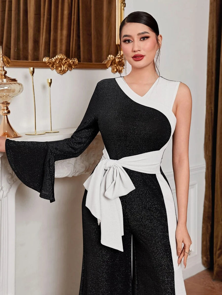 Double Tone Asymmetrical Neck Flounce Sleeve Jumpsuit