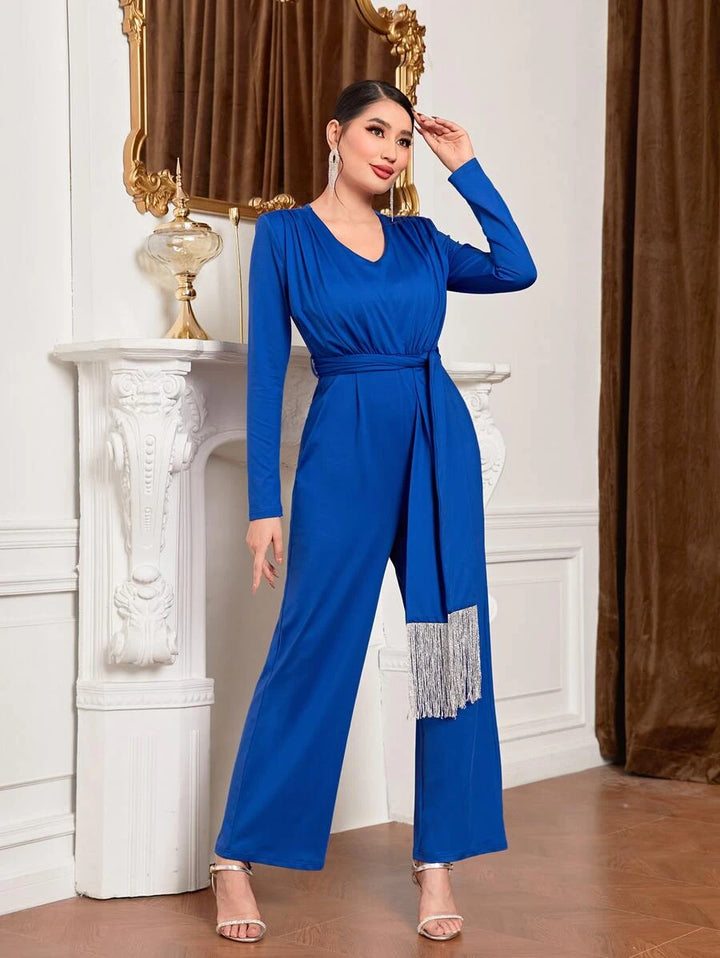 Solid Belted Wide Leg Elegant Jumpsuit