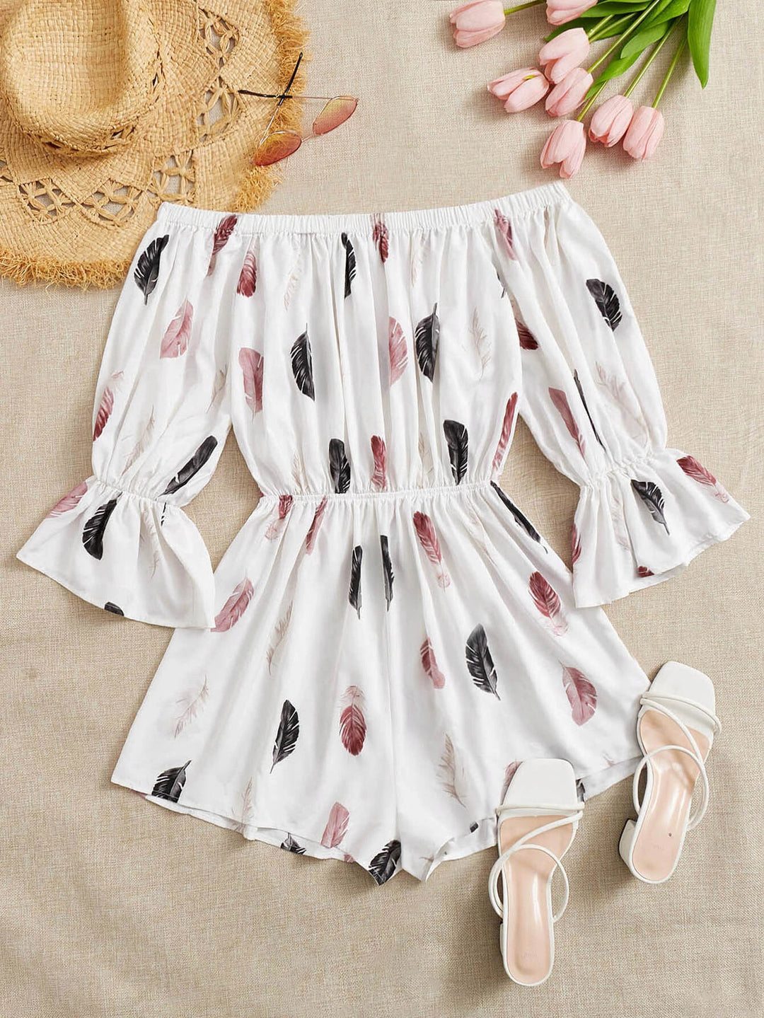 Feather Print Off Shoulder Flounce Sleeve Romper