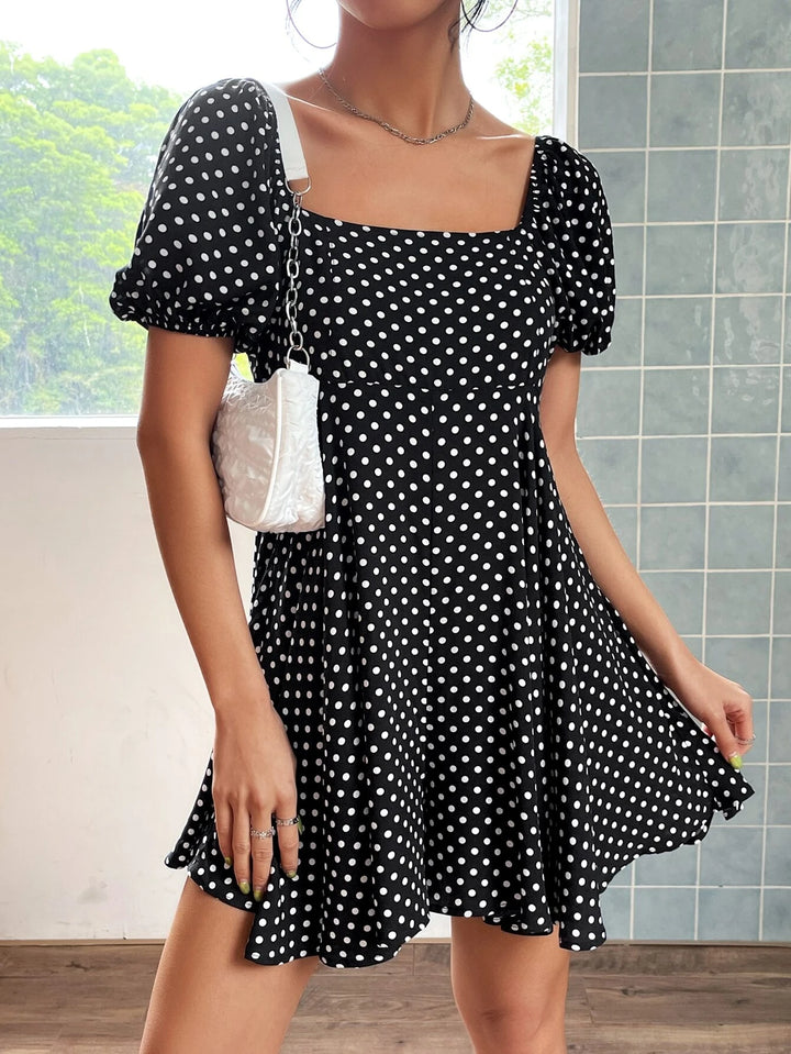 Polka Dot Print Puff Sleeve Flare Hem Romper