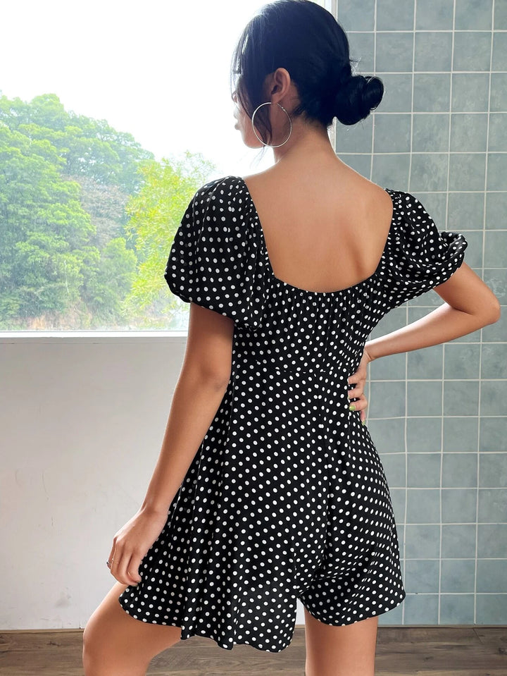 Polka Dot Print Puff Sleeve Flare Hem Romper