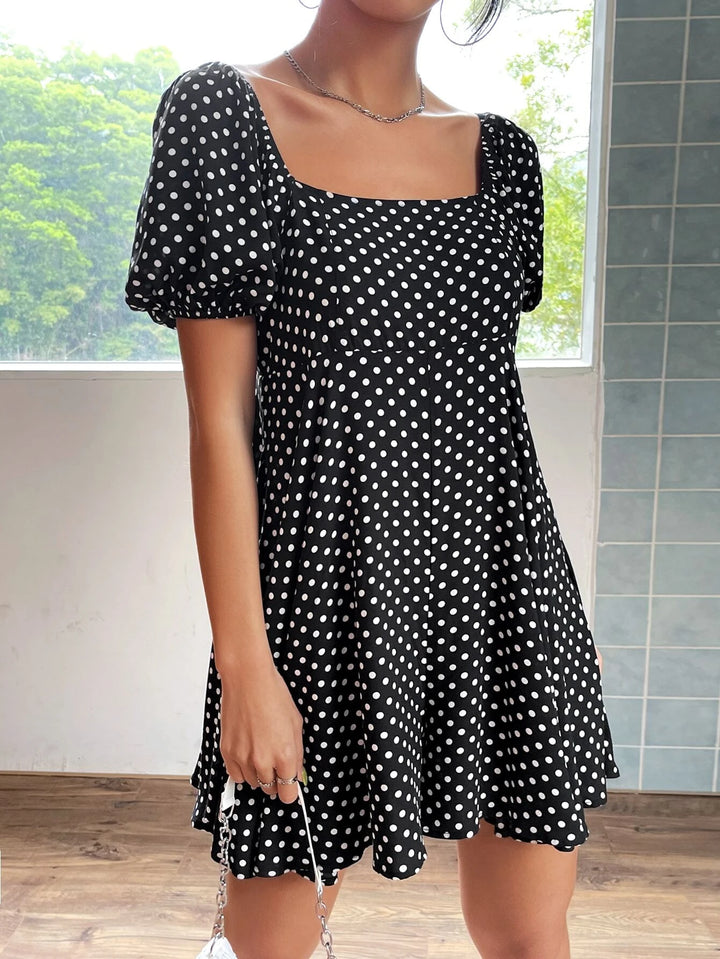 Polka Dot Print Puff Sleeve Flare Hem Romper