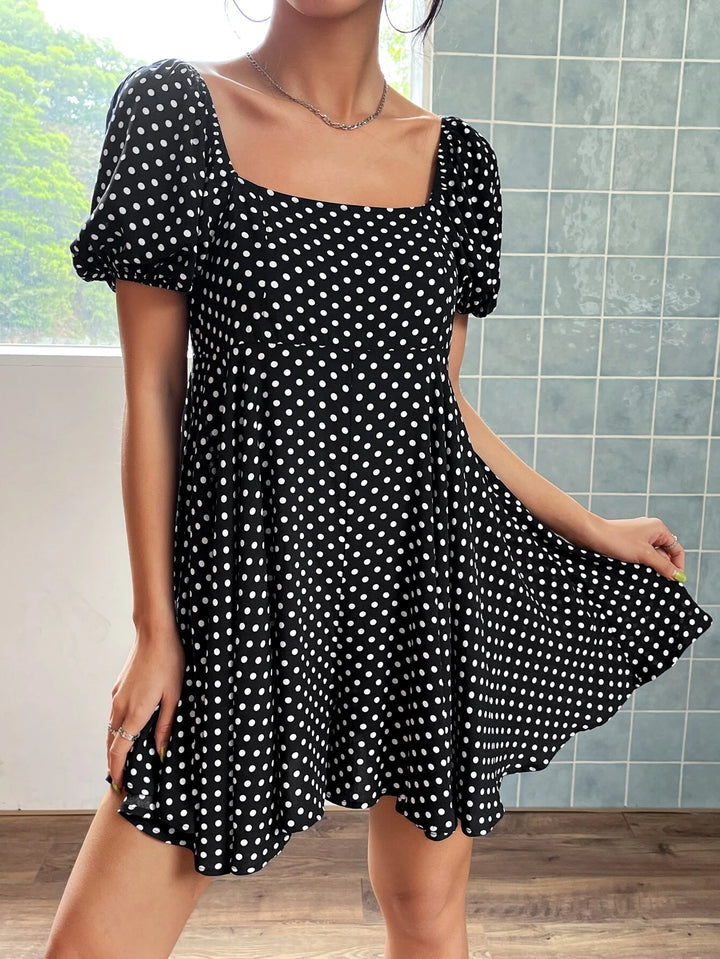 Polka Dot Print Puff Sleeve Flare Hem Romper