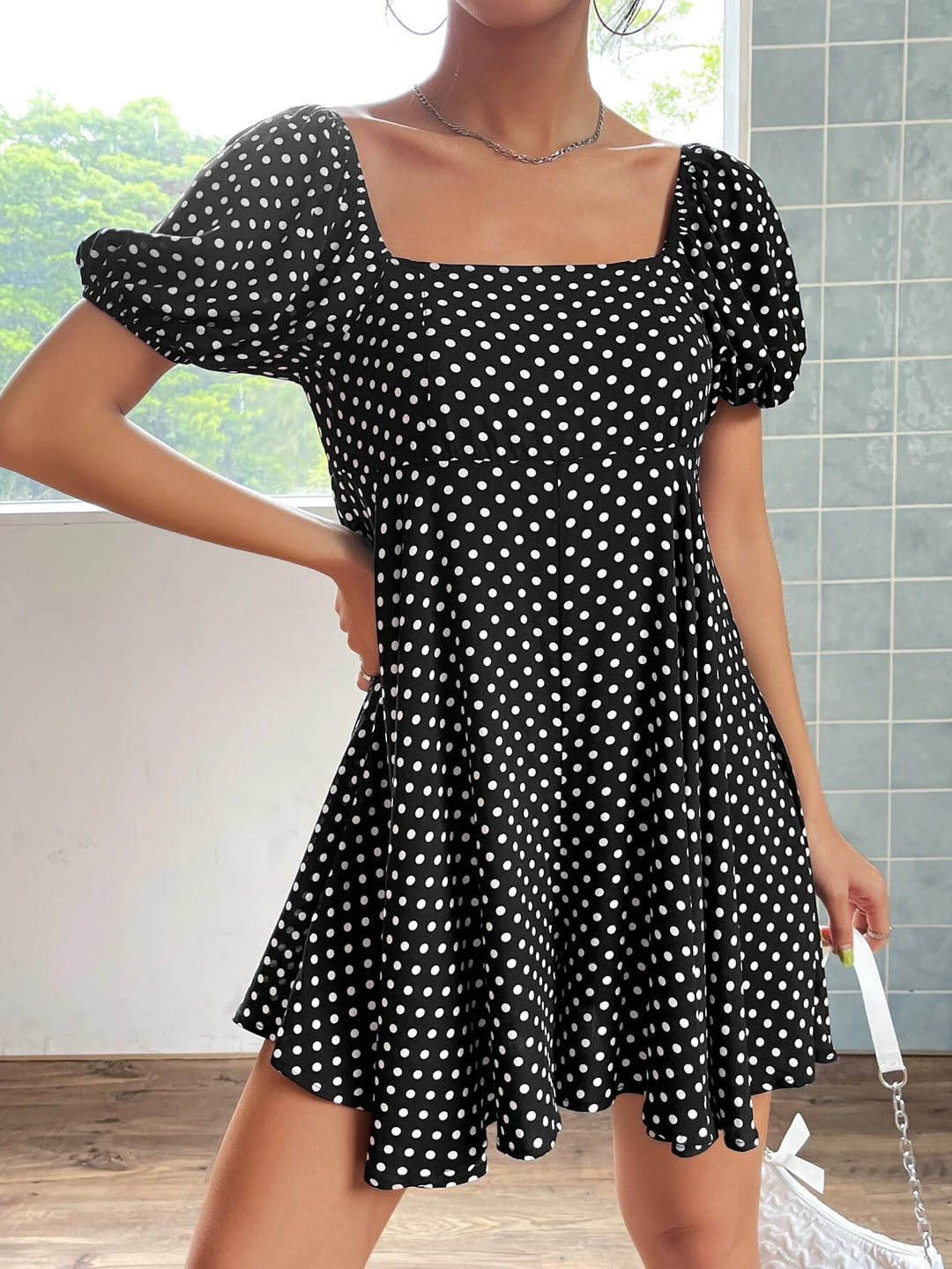 Polka Dot Print Puff Sleeve Flare Hem Romper