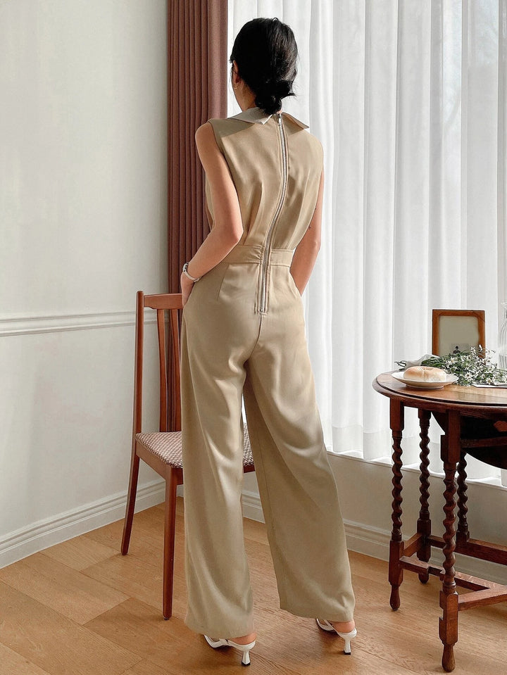 Contrast Collar Sleeveless Wide Leg Jumpsuit