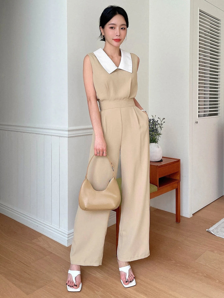 Contrast Collar Sleeveless Wide Leg Jumpsuit