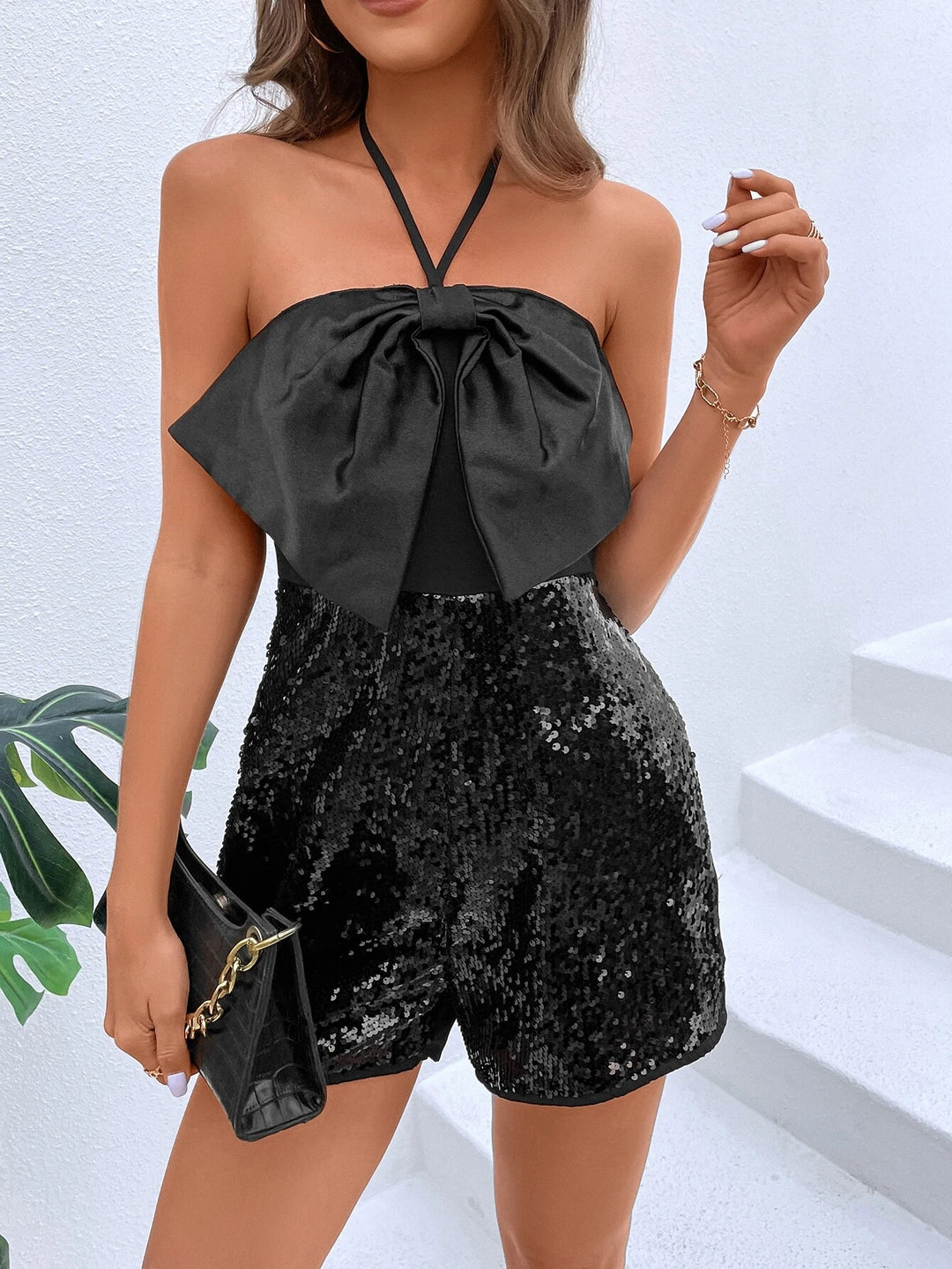 Plain Sleeveless Sequin Romper