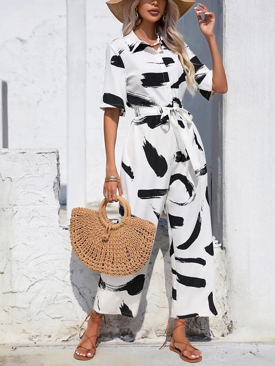 Brush Print Belted Shirt Jumpsuit