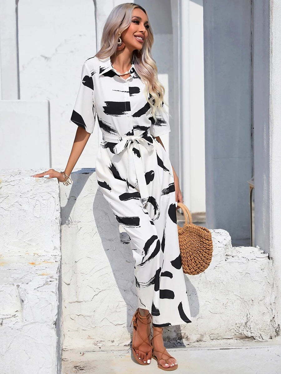 Brush Print Belted Shirt Jumpsuit