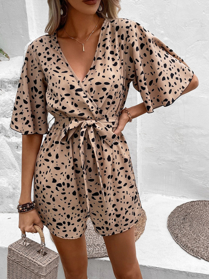 Allover Print Butterfly Half Sleeve Belted Romper