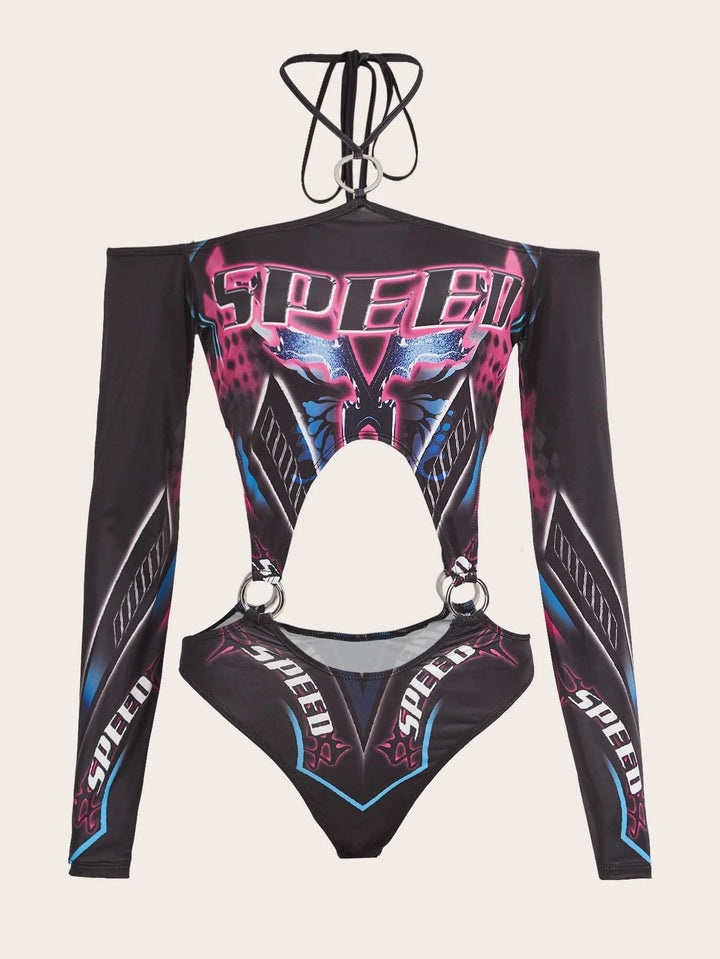 Letter Graphic O-ring Cut Out Bodysuit