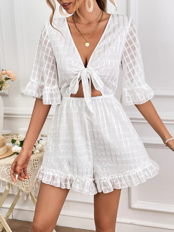 Tie Front Flounce Sleeved Romper