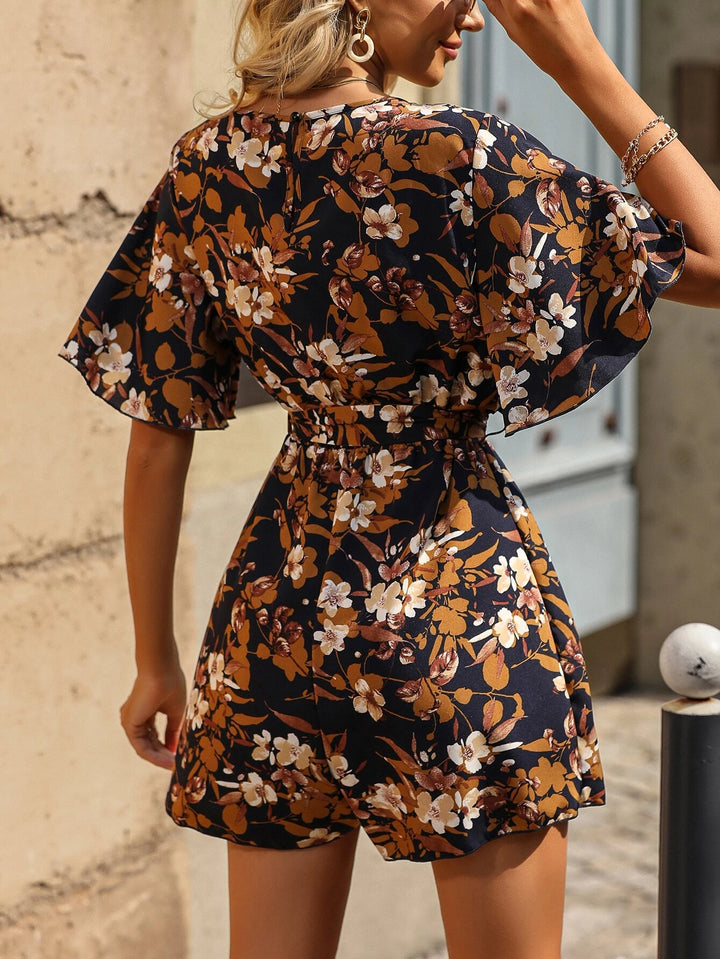 Floral Print Butterfly Sleeve Belted Romper