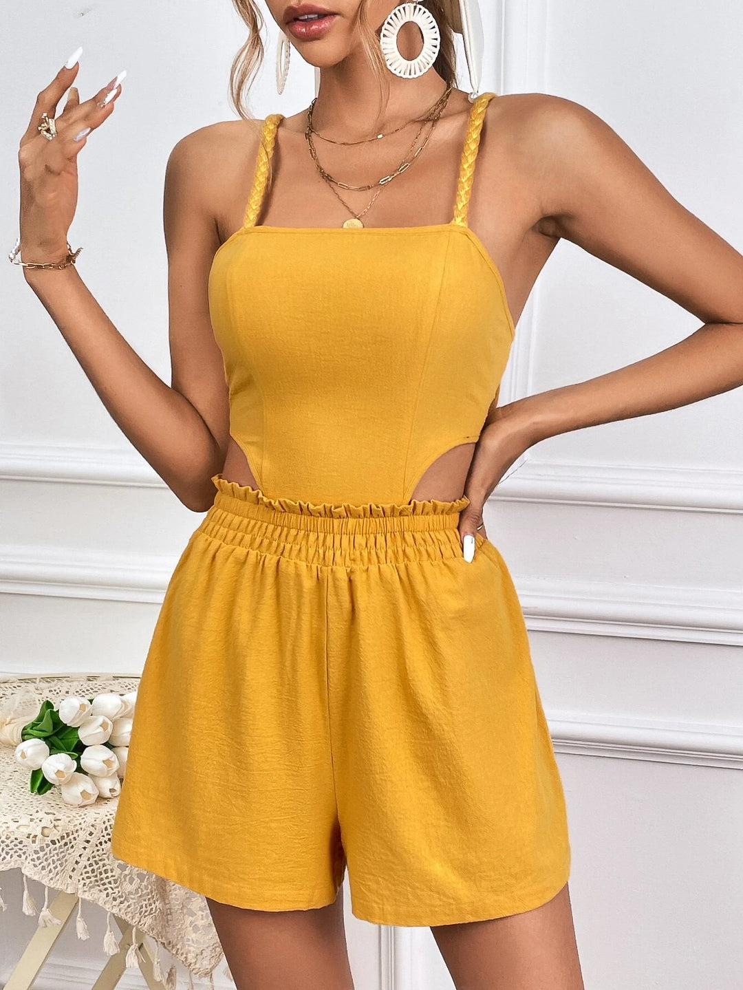 Solid Backless Cami Romper