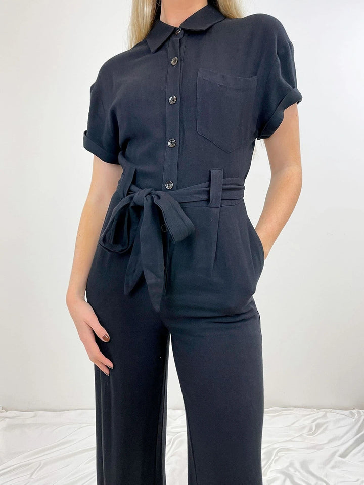 Button Front Belted Jumpsuit