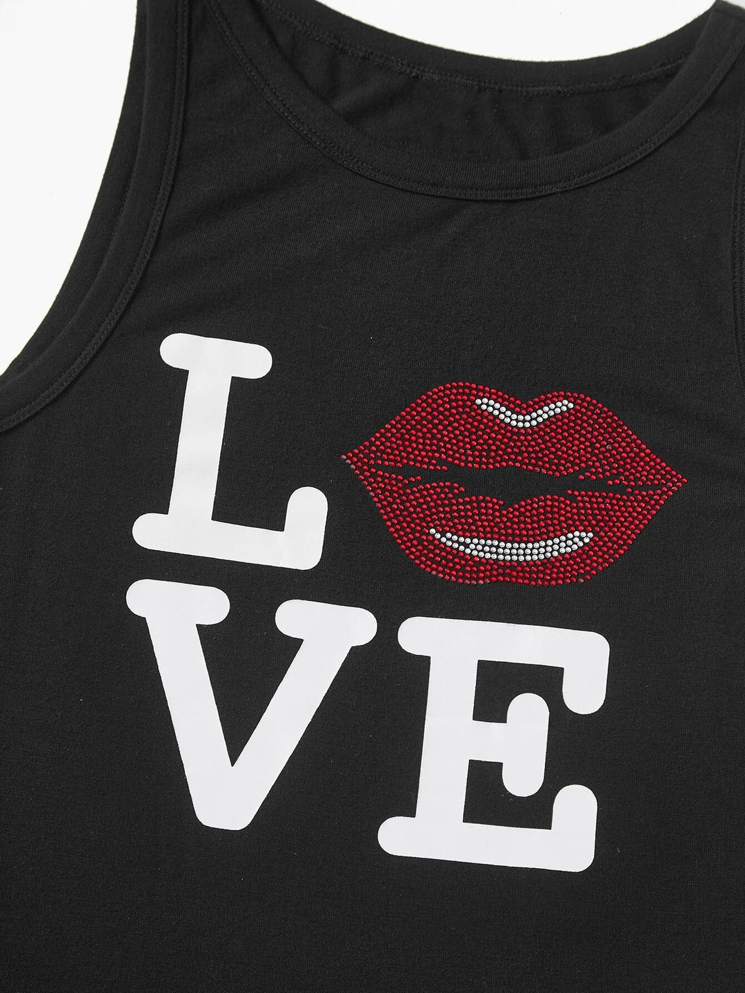 Rhinestone Letter And Graphic Print Tank Bodysuit