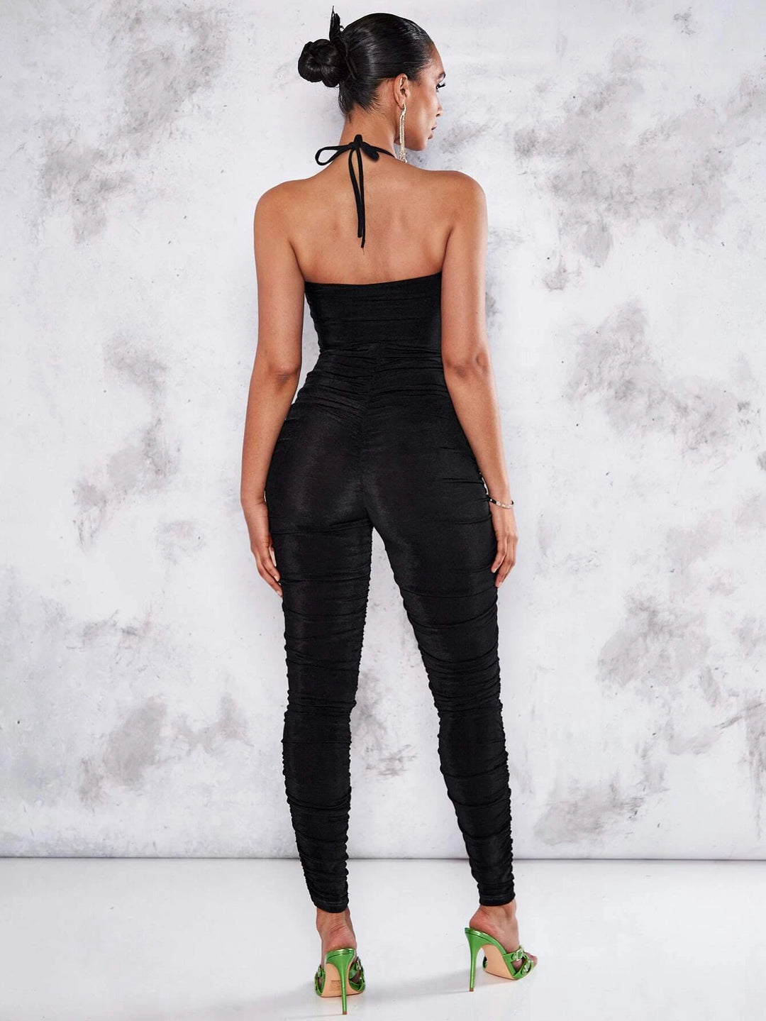 Front Ruched Halter Neck Backless Jumpsuit