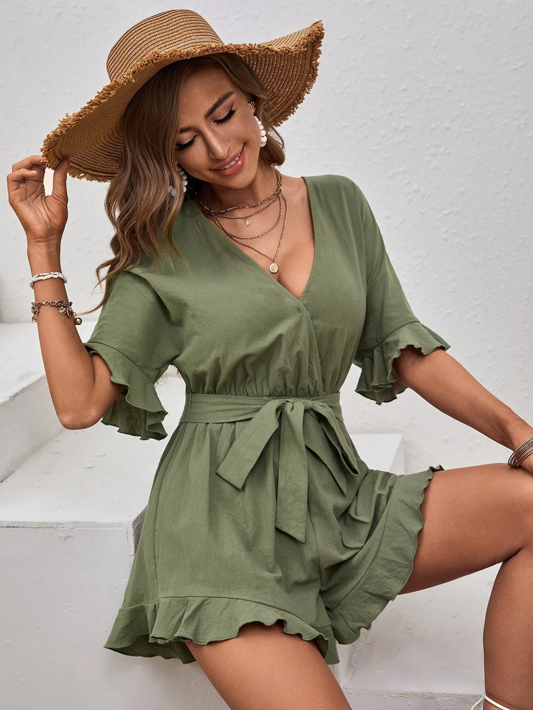 Flounce Sleeve Ruffle Hem Belted Romper