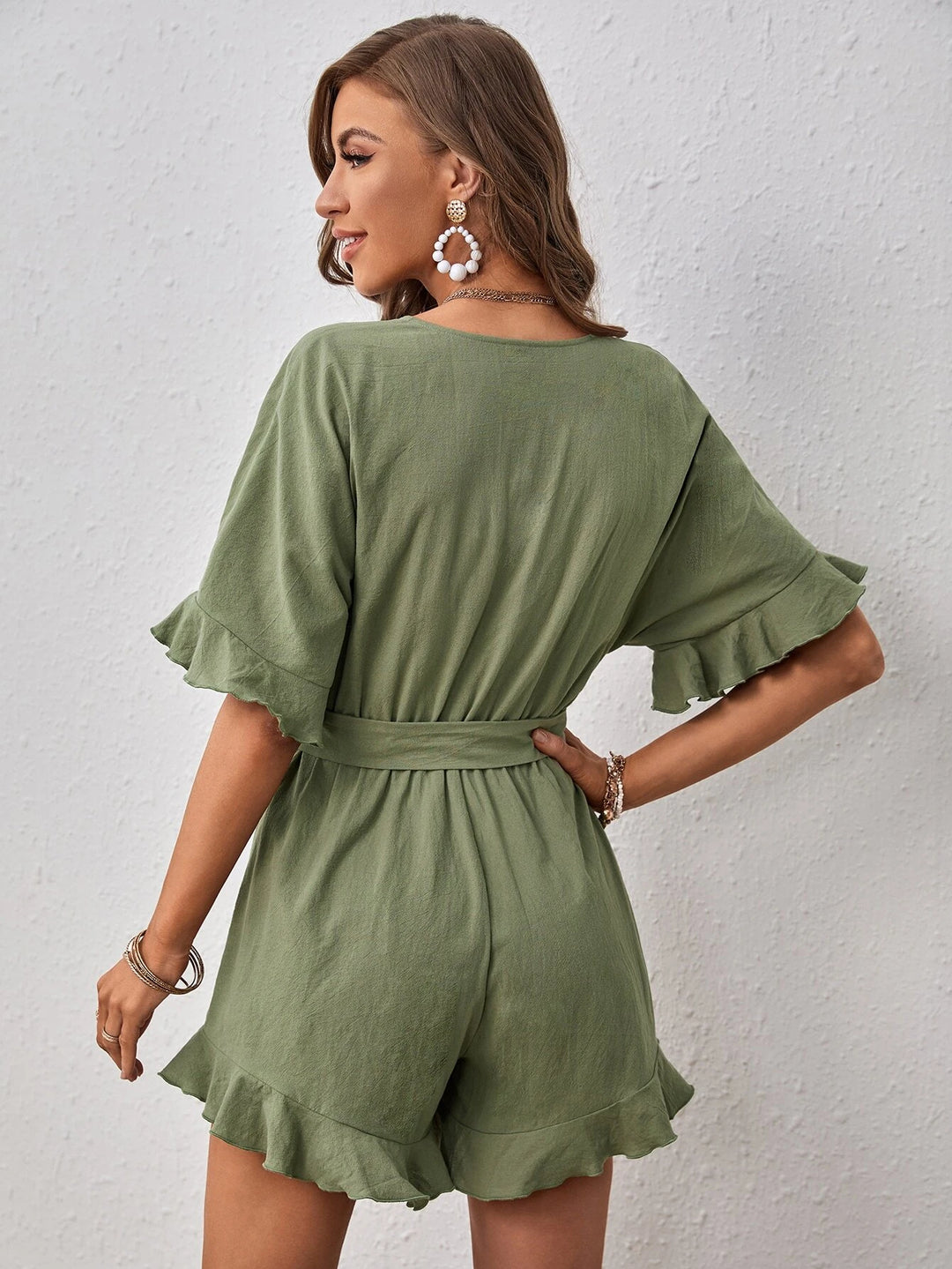 Flounce Sleeve Ruffle Hem Belted Romper