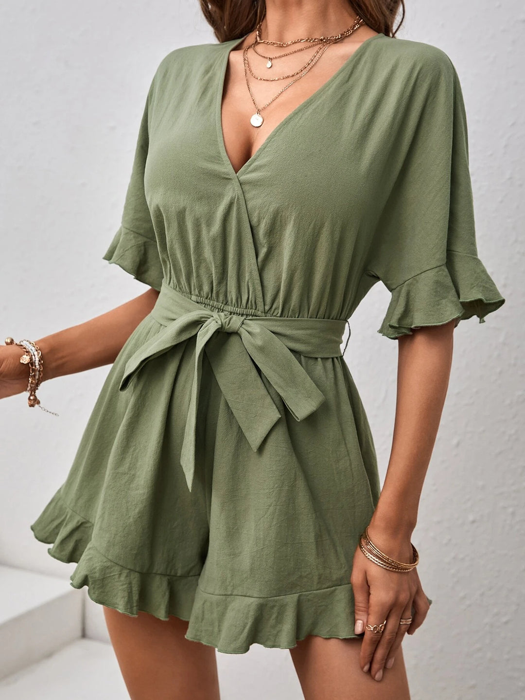 Flounce Sleeve Ruffle Hem Belted Romper