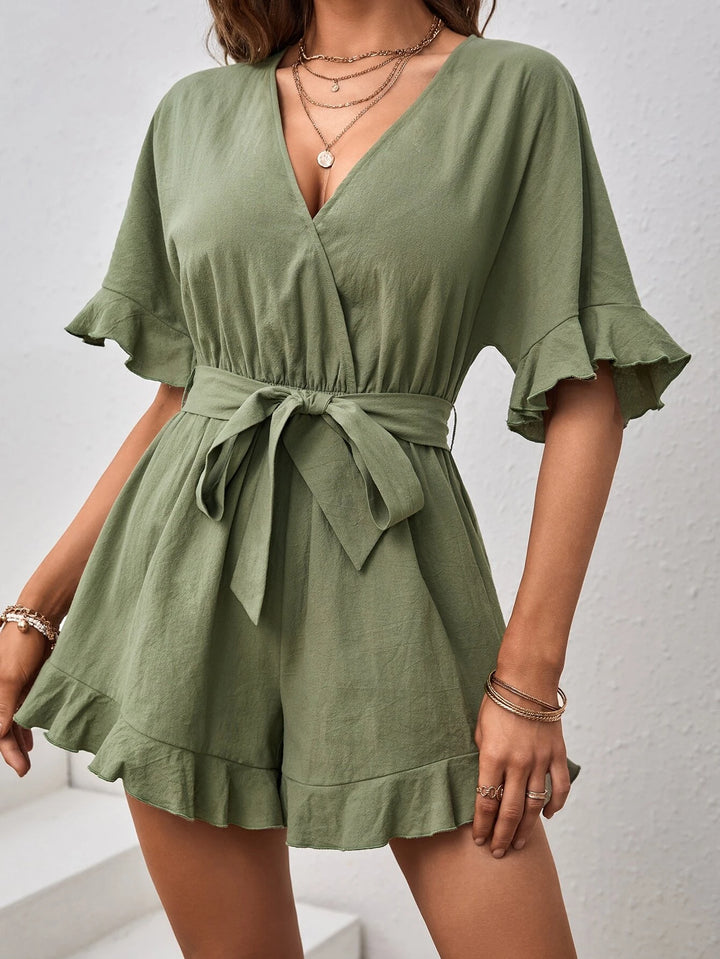 Flounce Sleeve Ruffle Hem Belted Romper