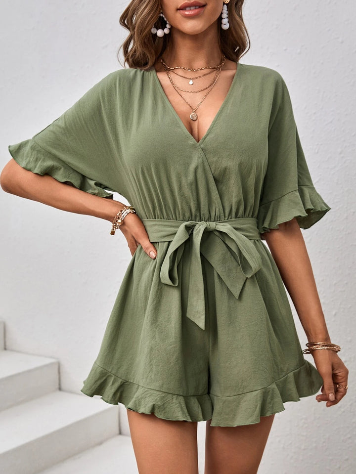 Flounce Sleeve Ruffle Hem Belted Romper